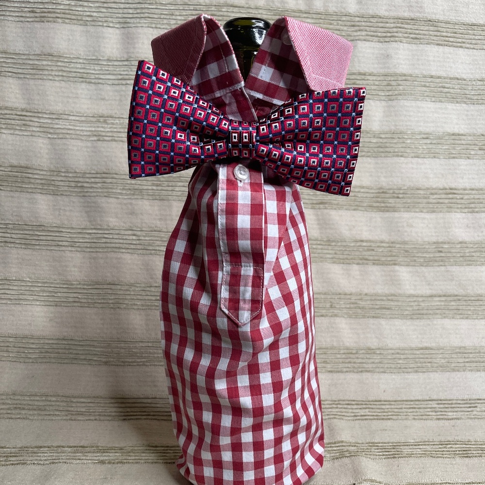 Handcrafted Wine or Liquor Bottle Gift Bag Made From Shirt and Tie